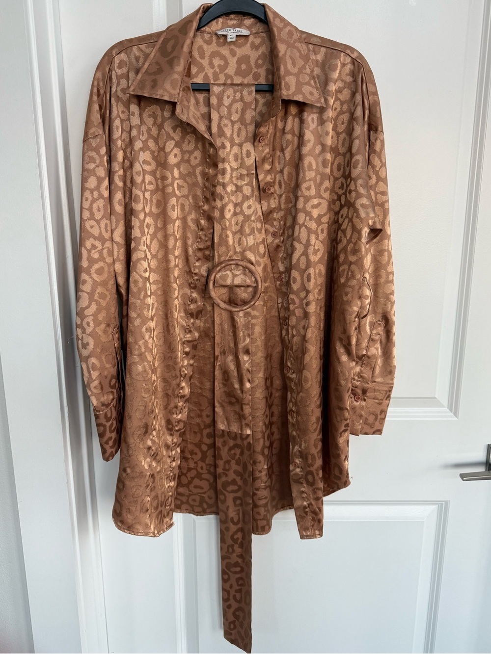 12th Tribe Leopard-Print Satin Button-Down Shirt in Brown